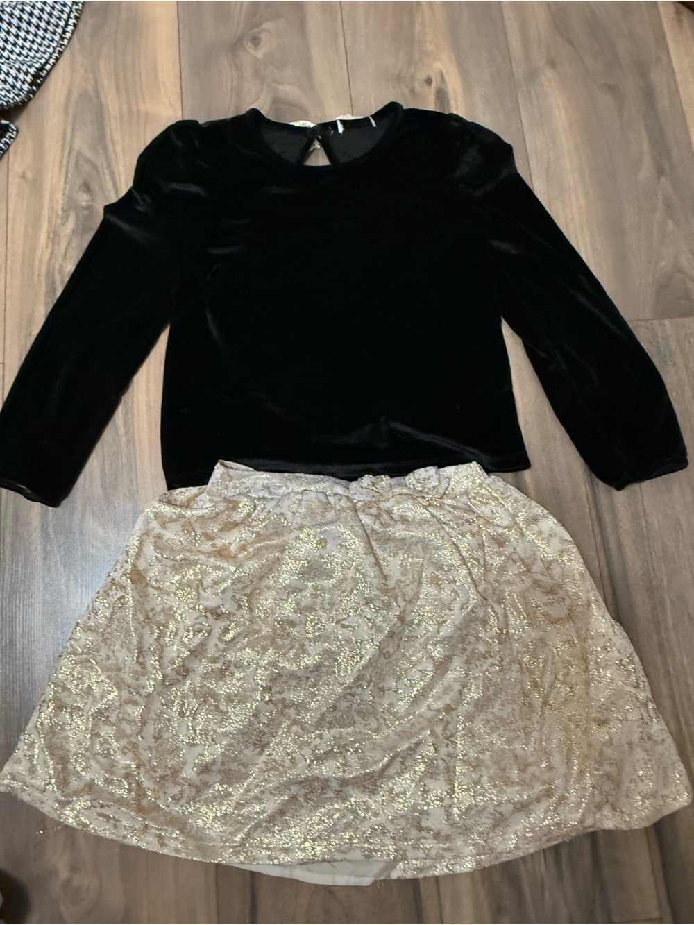 Girl’s Black Velvet Top with Gold Glitter Skirt Set